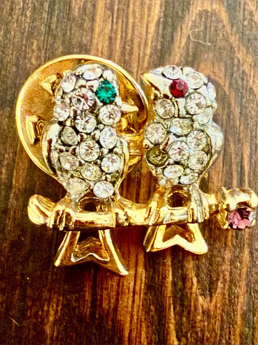 VINTAGE LOVE BIRDS OF A FEATHER FLOCK TOGETHER RHINESTONE BROOCH